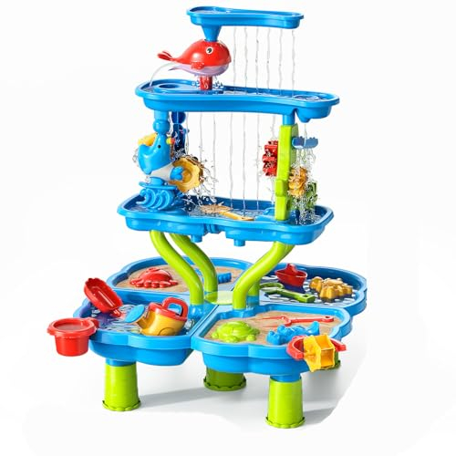 TEMI Kids Sand Water Table Toys for Toddlers 3-5, 4-Tier 4-in-1 Kids Splash Table, Water Play Toys for Outside Outdoor Backyard, Toddler Sand Water Sensory Table for Boys Girls Age 3 4 5 6 7 8