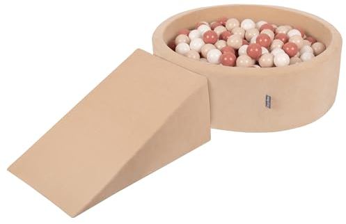 KiddyMoon Velvet Aire De Jeux en Mousse avec Rond Piscine À Balles (200 Balles) Fosses À Boules pour Enfants Jouets Parcours Obstacles, Beige Sableux: Beige Pastel/Saumon/Blanc