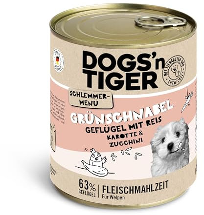 Dogs’n Tiger Junior, Hundefutter, Grünschnabel, Hundenassfutter für Welpen mit Huhn, Reis und Gemüse, ohne Getreide, Zuckerzusatz, künstliche Konservierungsstoffe, 6X 800g