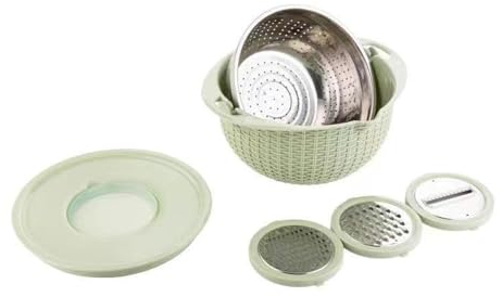4-in-1 Colander with Mixing Bowl Set Multifunction Veggie Grater Fruit Cleaner Stainless Steel Strainers for Kitchen, Including a Food Strainers, Food Slicer, 3pcs Grater attachments, Removable lid