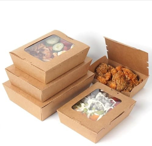 HOT BARGAINS 100 X 900ml/32oz Kraft Paper Food Containers with Single PET Window Eco Friendly Kraft Deli Food Containers Takeaway Food Boxes (100, Rectangular (900ml))