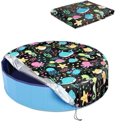Ladadee, Foldable Round Pool Cover, 63*12 inch, Black, PVC, Waterproof, UV Protection, Leakproof, Washable, Tear Resistant, for Kiddie Pet Small Paddling Bath, Outdoor Tub Accessories