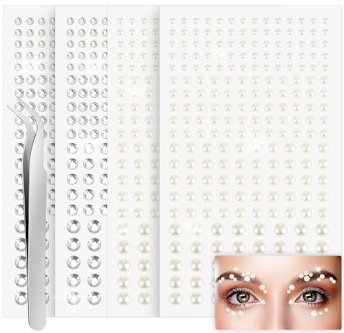 880 Pcs Face Gems Stick on Hair Gems Rhinestone Self Adhesive Face Jewels Stickers 3/4/5/6 mm Makeup Face Gems Eye Jewels Hair Body Rhinestones Gems Crystals Pearls for Face Eyes Makeup Decorations