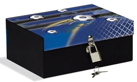 Boîte avec cadenas 18,5 x 14 x 7,5 cm idéale pour garder les secrets, les bijoux et les figurines, le football bleu et noir