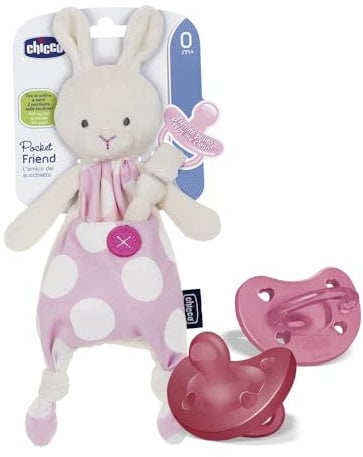 Chicco Set Portaciucco e 2 Gommotti in Silicone 16-36 Mesi, Pocket Friend Portaciuccio Neonato A Forma di Coniglietto, Pratico e Igienico, Set di Gommotti Morbidi e Delicati, Idea Regalo, Rosa