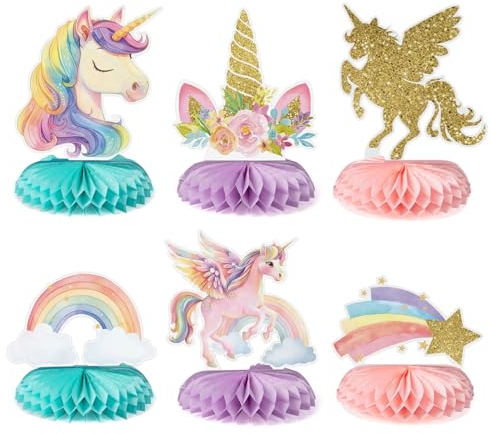BETESSIN Einhorn Deko Kindergeburtstag Mädchen - 6er-Set Einhorn Party Tischaufsätze - Bienenwabe Mittelstück - Einhorn Tischdekoration für Geburtstage und Einhorn-Mottopartys