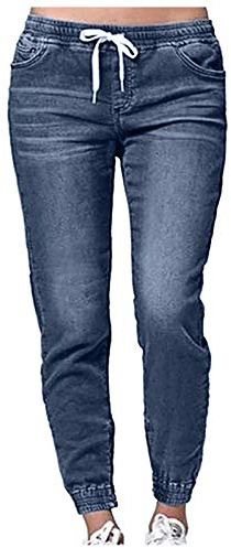 Jean à l'entrejambe pour femme, pantalon de jogging en denim avec cordon de serrage, taille élastique, poignets aux chevilles, pantalon confortable en denim bloomer, coupe ajustée, jambe droite, avec