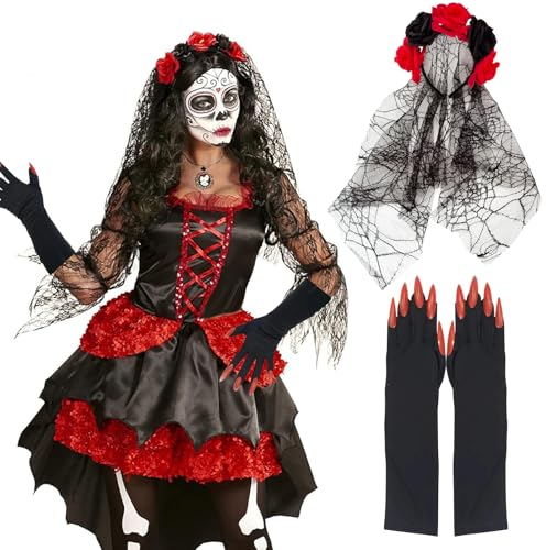 UZNIYTR 2 PCS Halloween Kostüm Damen, Haarreif mit Rosen,Tag der Toten, Haarkranz Blumen Schwarz, Faschin Headband Blumen Haar Zubehör Gothic Braut Schleier Party Headwear für Mädchen Frauen