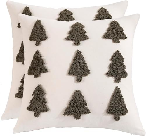2 Stück Weihnachten Kissenbezug Grün Tufteter Weihnachtsbaum 50x50cm | Leinen Couchkissen Schlafzimmer kissenbezüge Weihnachtsbaum Sofakissenbezüge für Sofa Wohnzimmer Schlafzimmer Couch