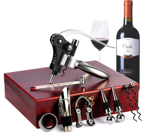 9-Pieces Corkscrew Wine Opener Set, Stainless Steel Cork Screw Rabbit Wine Bottle Opener Kit Including Foil Cutter, Pourer, Vacuum Wine Stopper Corkscrews etc, Ideal Wine Sets Gifts for Women & Men