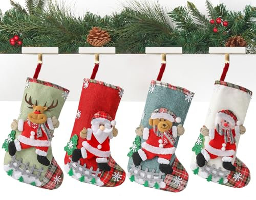 Chausette de Noel, Lot de 4 Chaussette Noel a Suspendre, Chaussettes Noel Personnalisée Cheminée, Botte de Noel pour Famille Décorations de NoëL, Design Père Noël, Rennes et Bonhommes de Neige(B)