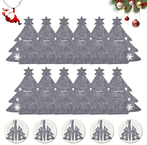 NEERIX 12 Stück Besteckhalter Weihnachten Filz,Festliche Besteckhalter Weihnachten im Weihnachtsbaum Design,Weihnachtsdeko für Messer,Gabeln & Löffel,Party & Festtags Essen(Grau)
