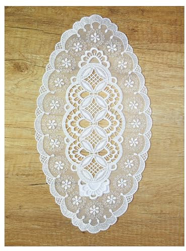 atelier alles-Spitze Cremeweiße Tüll-Spitzendecken Daria | Hochwertige Tischwäsche aus Vogtländische Luft-Spitze und zart besticktem Tüll | Größe: 15 x 25 cm oval