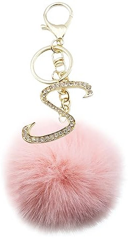 Xsclpomddy Pom Poms Schlüsselanhänger künstliche weiche Kaninchenhaar Taschenanhänger mit Goldene Anfangsbuchstaben A-Z für Handtasche,pink S