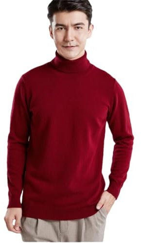 Rollkragenpullover für Herren, 100 % Merinowolle, Strickpullover, einfarbig, leicht, burgunderfarben, L