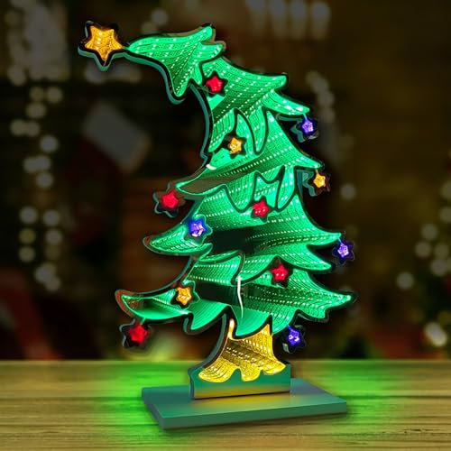 3D LED Neon Christmas Tree 16.9 Inch Indoor Infinity Mirror Colorful Decoration Creative Night Light for Window Wall Decoration Yard Party Home Event Bar