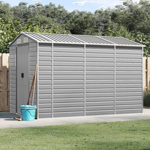 Willood Gerätehaus Gartenhaus mit Schrägdach Griffe Gartenschuppen Schuppen mit Stauraum Geräteschuppen Metallschuppen Hellgrau 191x300x198 cm Verzinkter Stahl
