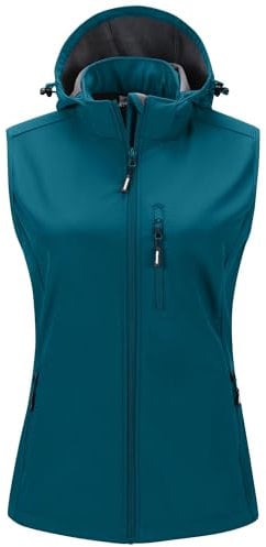 Outdoor Ventures Damen Softshell Westen mit Kapuze Leichte Fleece Gefütterte Ärmellose Jacke Wasserdichte Winddichte Weste Vest mit Zip up-Taschen Dunkles Grünblau L
