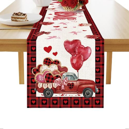 TELAIN Tischläufer Leinen 13x72 Zoll, Langlebig Und Elegant, Einzigartiges Design Mit Love Truck Und Rose, Perfekt Für Valentinstag Und Besondere Anlässe