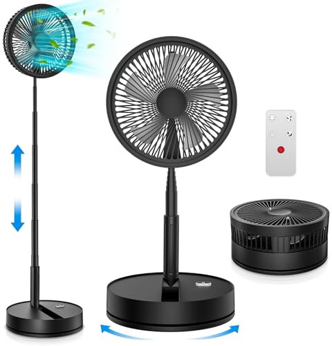 Oscilante Ventilador de Pie Portatil Silencioso con Remoto, 9 Plegable 7200mAh Bateria Recargable USB C Ventiladores, Altura Ajustabl Pequeño Mesa Ventiladores Suelo Ventoinha para Hogar Oficina