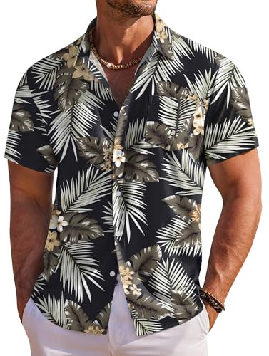 COOFANDY Men's Hawaiian Shirts Short Sleeve Summer Shirts for Men Tropical Holiday Beach Shirt with Front Pocket Black Yellow Flower XXL