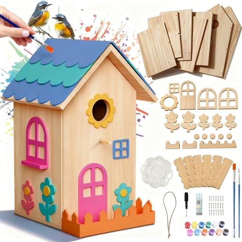 Nichoir à oiseaux - Kit de bricolage - Mangeoire à oiseaux suspendue en bois avec peintures acryliques et pinceaux à peindre et à décorer - Nichoir DIY pour jardin balcon - Cadeau créatif pour les