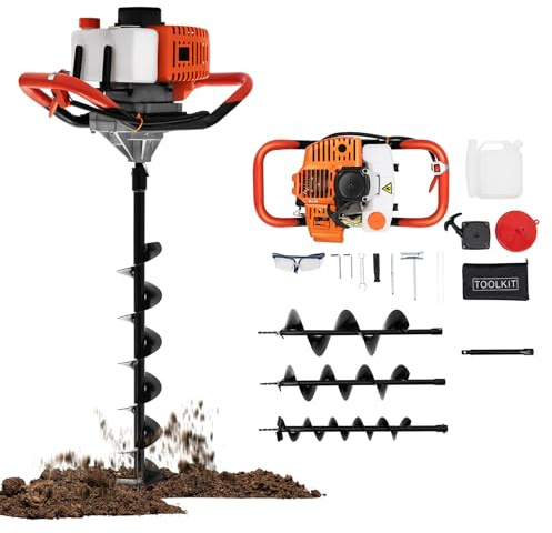 52cc Post Hole Digger 2-Stroke Petrol Gas Powered Earth Digger with 3 Auger Drill Bits (4 6& 8)+11.8inch Extension Rods for Farm Garden Plant-[Arrives in Two Boxes]