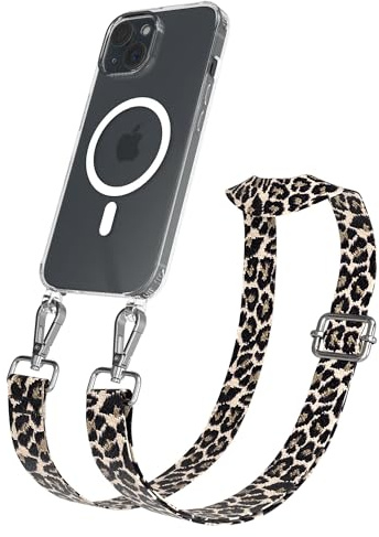 EAZY CASE Handykette - Verstellbares Taschenband kompatibel mit iPhone 15, Schulterriemen, Handykordel mit Silikon Hülle, Qi Charging kompatibel, Umhängetasche, Leo - Schwarz Beige Silber