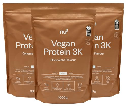 nu3 Vegan Protein 3K Schokolade 1kg- Protein-Powder, pflanzlich, laktosefrei, ohne Soja, zuckerarm, gelatinefrei, Aspartamfrei, Cremig, Eiweißpulver für Muskelaufbau, Training & Alltag - 3x1000 g