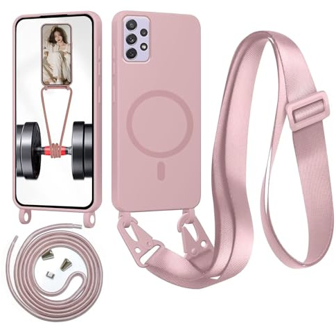 Beajew Handykette für Samsung Galaxy A52 5G Hülle mit Band [Kompatibel mit Magsafe] Flüssig Silikon Necklace Handyhülle Magnetische Schutzhülle zum Umhängen Kordel für Samsung A52 5G, Sandpulver