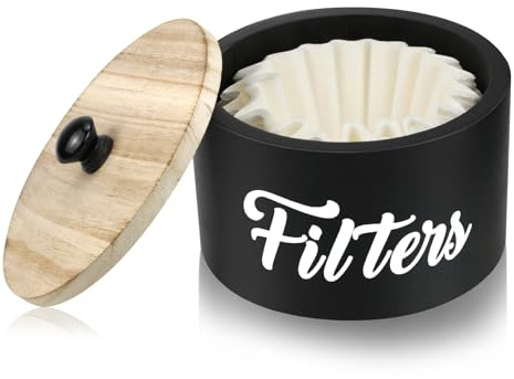 Wooden Coffee Filter Holder with Lid, Basket Coffee Filter Storage Container for Counter, Rustic Farmhouse Café Bar Decor, 50 Count Capacity (Black)