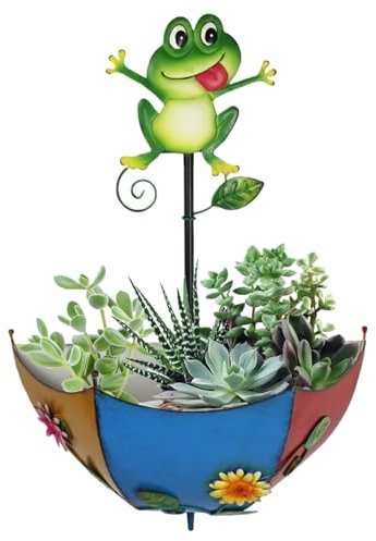 fkngcp Umbrella Hanging Planter Cute Frog Cartoon Vibrant Metal Wall Planter with Drainage Ventilated 11x5x16in Decorative Hanging Flower Pot Fence Decor Metal Wall