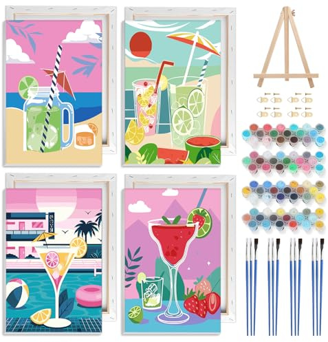 NAIMOER 4 Pack Framed Paint by Numbers Pink Wine for Adults Kids, DIY Drink Glass Paint by Numbers for Boys Girls, Art on Canvas Gifts Home Wall Decor 8x12in