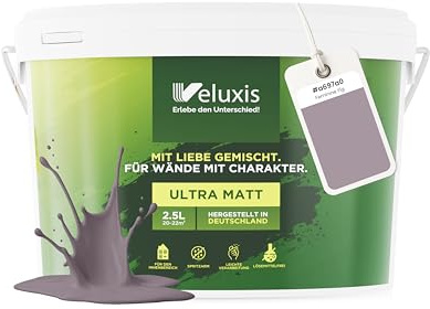 Veluxis Wandfarbe Grau Lila Hellgrau matt 2,5 L – Feminine Fig | Innenfarbe mit Deckkraft Klasse 1, VOC-frei, ohne Grundierung, tropfarm, für Wohnzimmer und Schlafzimmer