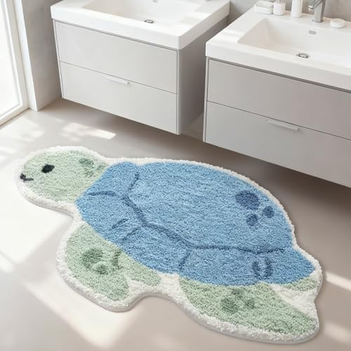 Jnidesier Cute Animal Non-Slip Bathroom Rugs, Plush Absorbent Bath Mats for Bathroom, Ideal for Shower Sink Bathtub Room Decor, 20x33, Blue Sea Turtle