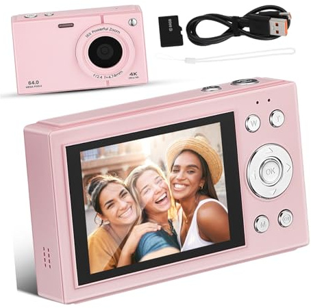 Rosa Digitalkamera für Teenager mit 64 Gb Speicher, Retro Design | 1500mah Akku, Abs und PC Gehäuse, Point And Shoot Bedienung, 64gb Karte