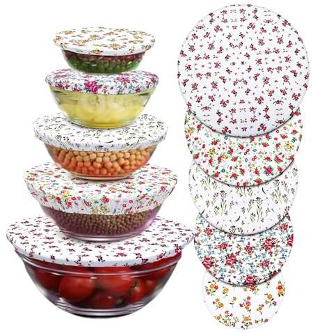 5 Stück Abdeckhauben für Lebensmittel aus Stoff Fliegenhaube Lebensmittel | Alufolie Isolierhaube mit Gummizug Wiederverwendbare Abdeckhaube Lebensmittel für Reste Teig Picknicks Schüssel (Blumen)