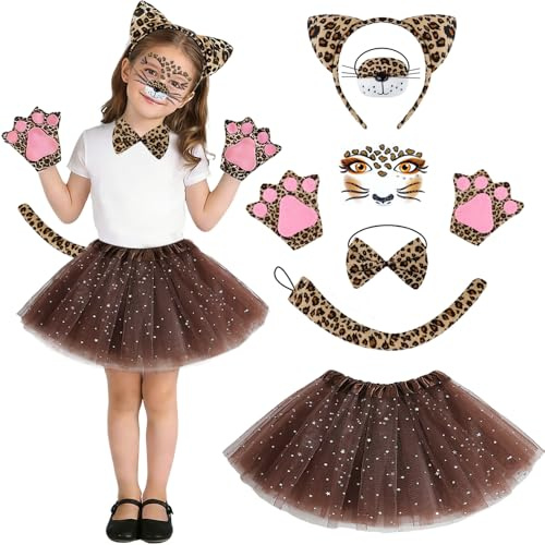 LSZYMM Deguisement Fille Enfant 8 Pièces,Costume Léopard avec Jupe Tutu et Accessoires Animaux, Tenue Carnaval, Anniversaire, Halloween, Cosplay,Ensemble Déguisement Léopard pour Fille