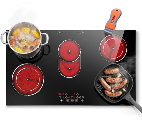 SNDOAS Plaque Vitrocéramique 5 Feux 90cm, 8400W, Zone Ovale&2 Double Anneau | Plaque de cuisson Electrique Encastrable, 9 Niveaux, Commande Tactile, Minuteur, Compatible Tous Casseroles