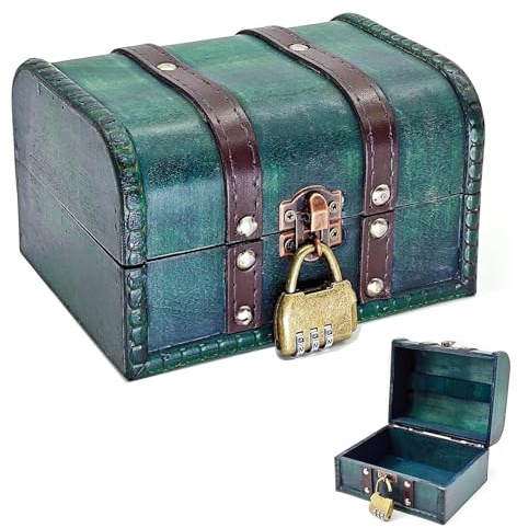 Mailfull Schatzkiste Holz Vintage Schatztruhe mit Schloss 16 X 12 X 9.5cm Piratenschatztruhe für Aufbewahrung Dekoration Kindergeburtstag (Grün)