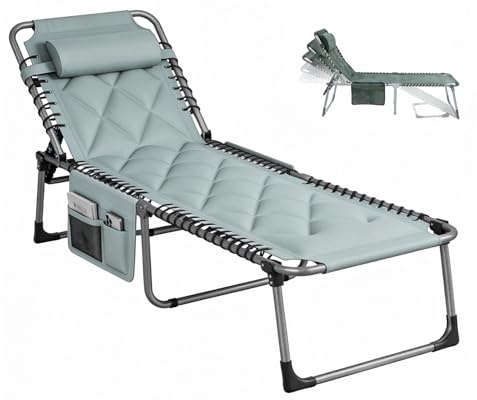 houcheyai Sonnenliege Klappbar 5Verstellbarer Rückenlehne, Gartenliege Klappbar mit Kopfkissen & Seitentasche, Liegestuhl Strandliege für Balkon Strand Campingliege Outdoor Indoor, Bis 150kg