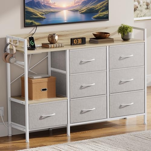 DWVO Kommode Schlafzimmer mit 7 Stoffschubladen, Kommode mit 2 Steckdosen, 2 USB-Anschlüssen, TV-Schrank mit seitlichen Haken,Off White