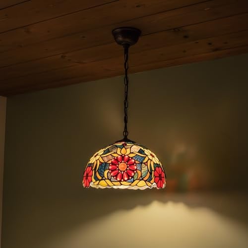 BARCELONA LED Pendelleuchte im Tiffany Stil aus Glas mit floralem Mosaik, Klassisches Vintage Industrie Design aus handgefertigtem Kristallglas, Retro Deckenlampe E27 für Wohnzimmer und Esszimmer