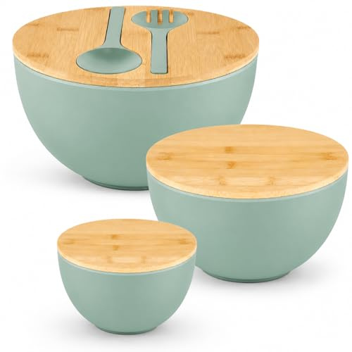 OGMBI Set of 3 Plastic Salad Bowls with Lids, Cyan Mixing Bowls Set with Servers, 4.4L & 2 L & 1L Large Food Serving Container Storage Bowl with Spoon and Fork for Salad Fruit Vegetables Pasta Snacks