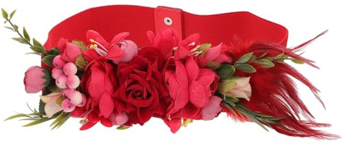 PACKOVE CinturóN De Cintura Rojo Con Flores Simuladas Para Mujer Banda EláStica Decorativa De 28.93X3.14 Pulgadas Ideal Para Bodas Fiesta Y Accesorios De Moda