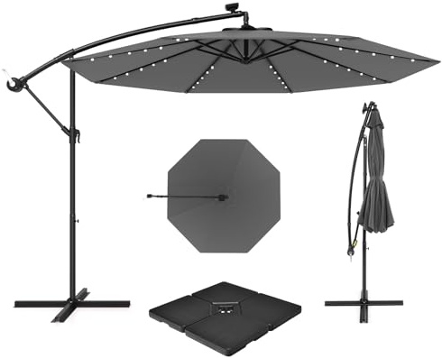 COSTWAY Parasol Déporté 3x3M avec 40 LED Solaire, Parasol de Jardin Extérieur avec Pied, Base 4 Plaques, Inclinable, 8 Baleines, Manivelle, Protection UV, pour Terrasse, Patio, Balcon (Gris)