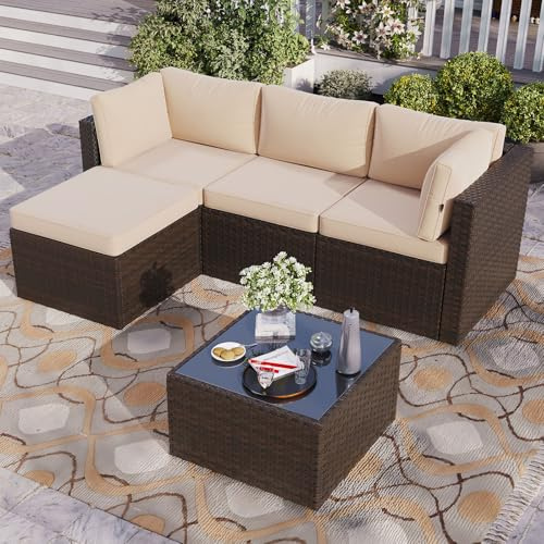 Aoxun Gartenmöbel Set Polyrattan 3-teilig mit 7,5cm dicken Kissen & Glas-Couchtisch, wetterfeste Gartenlounge outdoor mit extra langer 196cm Sitzbank, stabiler Balkon Terrassen Außenmöbel Satz (Khaki)