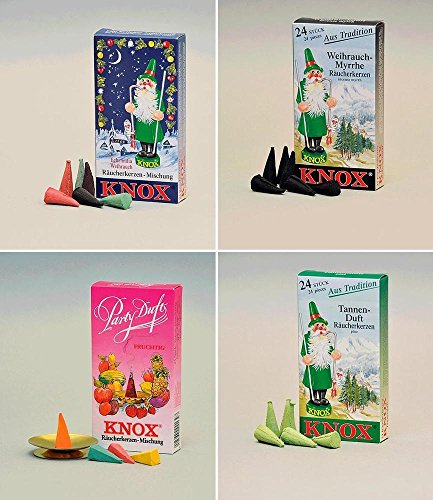 KNOX Räucherkerzen Mischung 4 x 24 Stück Räucherkegel Tannenduft, Weihnachtsmischung, Weihrauch/Myrrhe und Früchtemischung