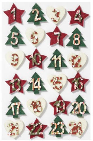 Mini-Holzzahlen-Set 1-24 sort. ca. 30 mm, Filz, rot-grün-creme, Advent, Adventskalender