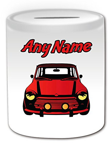 Personalisiertes Geschenk – Rot Mini Cooper vorne Spardose (Design Thema, weiß) – Für jede Nachricht/Name auf Ihrem Einzigartig – BMW Hatch Cabrio Clubman Countryman Coupe Roadster Paceman Fahrzeug Auto Automarke Cute Treiber